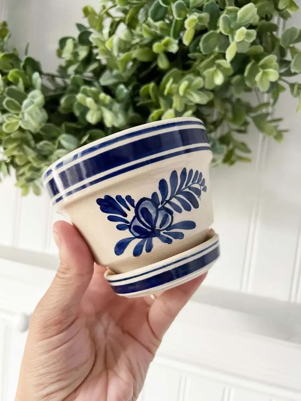 Vintage Floral Blue and White Floral Planter with Saucer